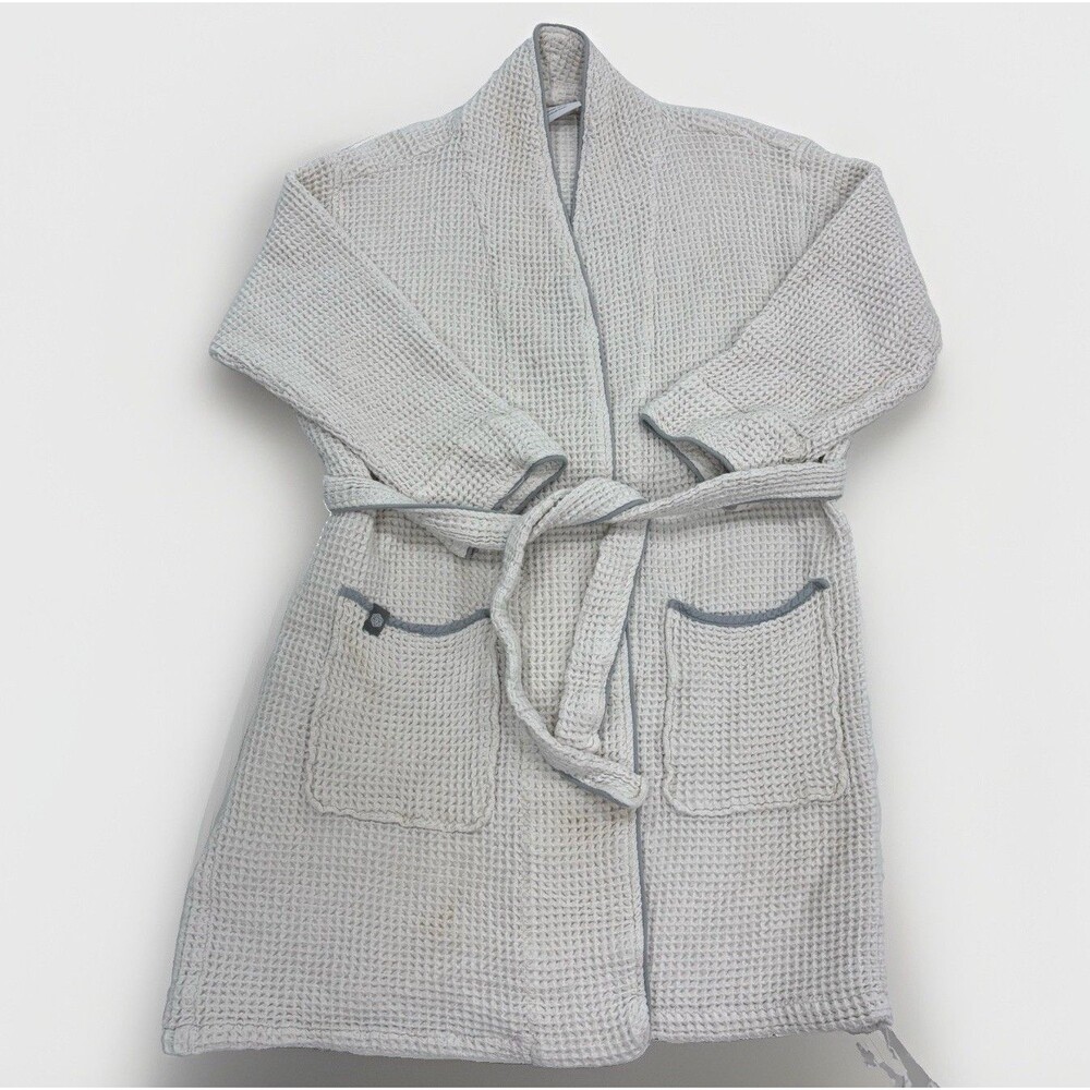 Boll & Branch Robe Womens Size Large Beige Open Front Belted Half Sleeve Cotton